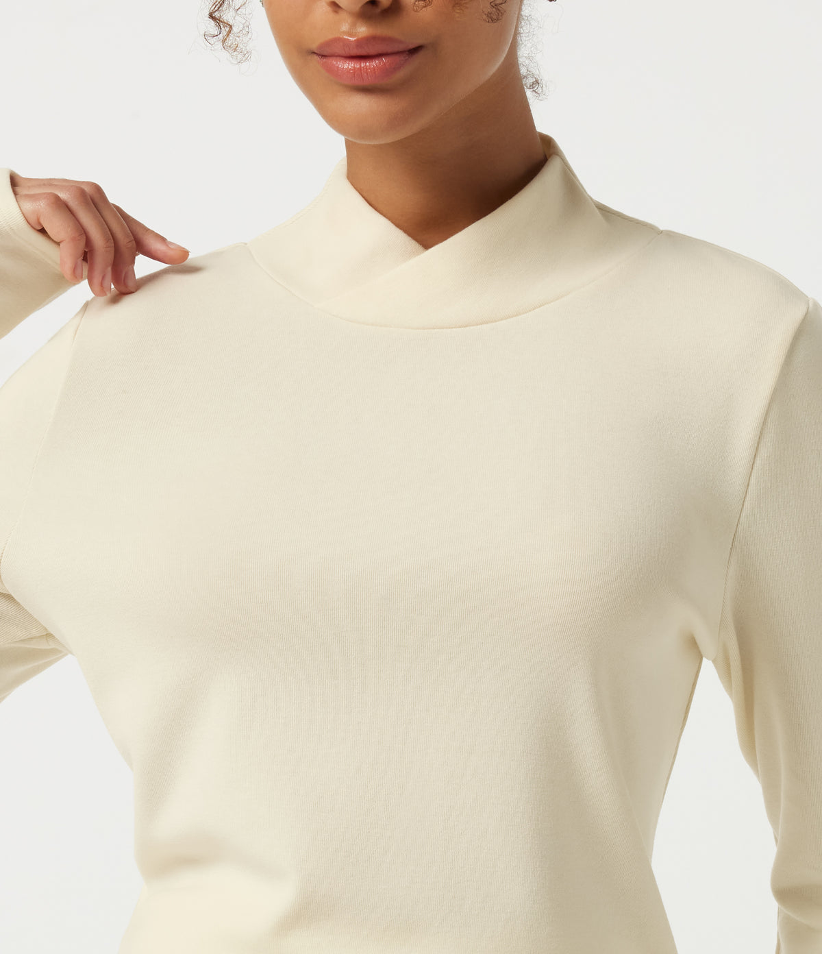 Mock Neck Long Sleeve Crossover Thermal Work Top — Lily White — view 5