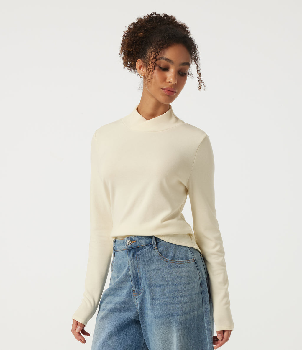 Mock Neck Long Sleeve Crossover Thermal Work Top — Lily White — view 3