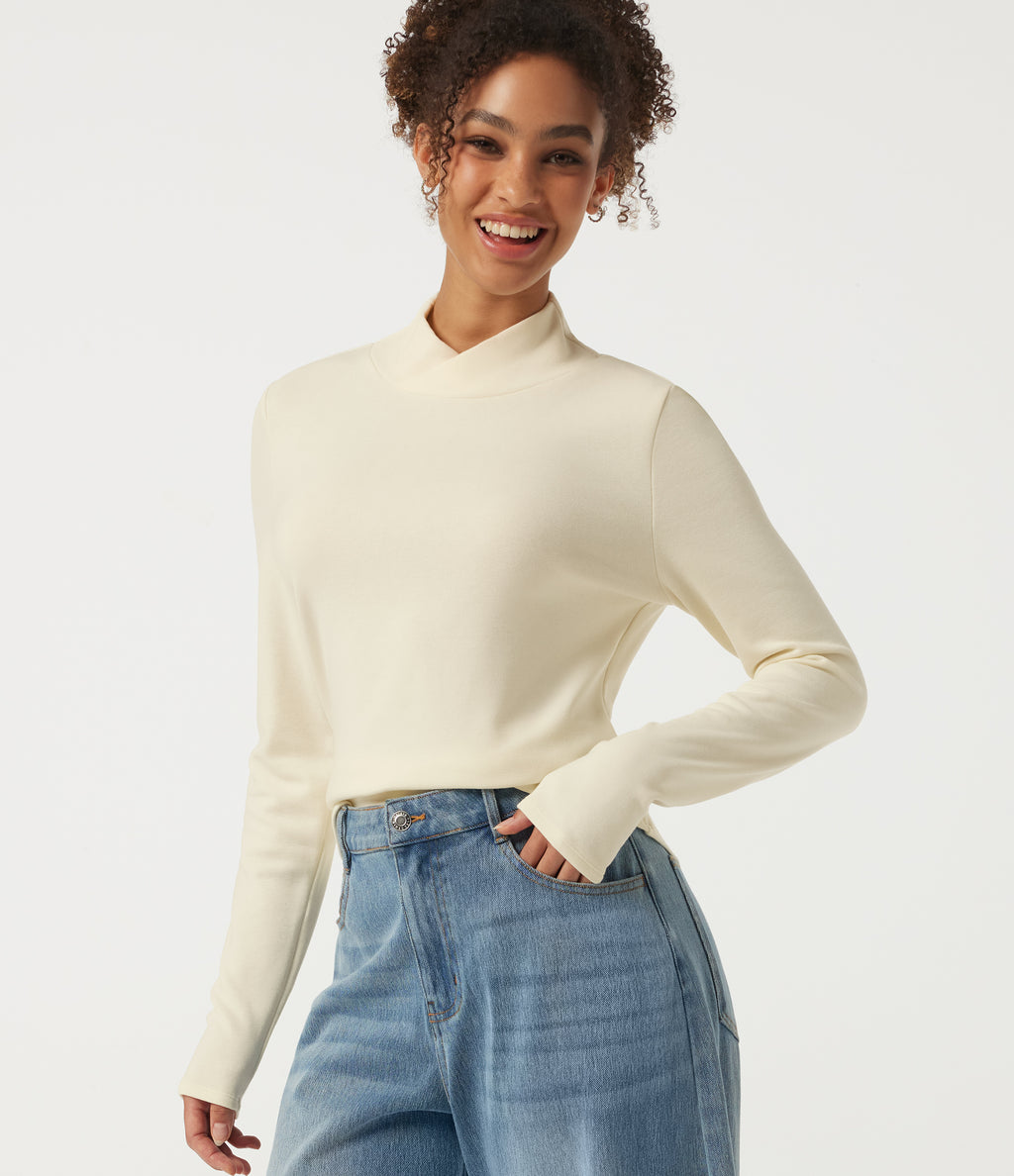 Mock Neck Long Sleeve Crossover Thermal Work Top — Lily White — view 1