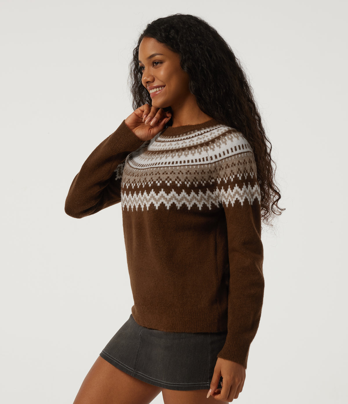 Round Neck Raglan Long Sleeve Patterned Casual Jumper — Autumn Flame — view 3
