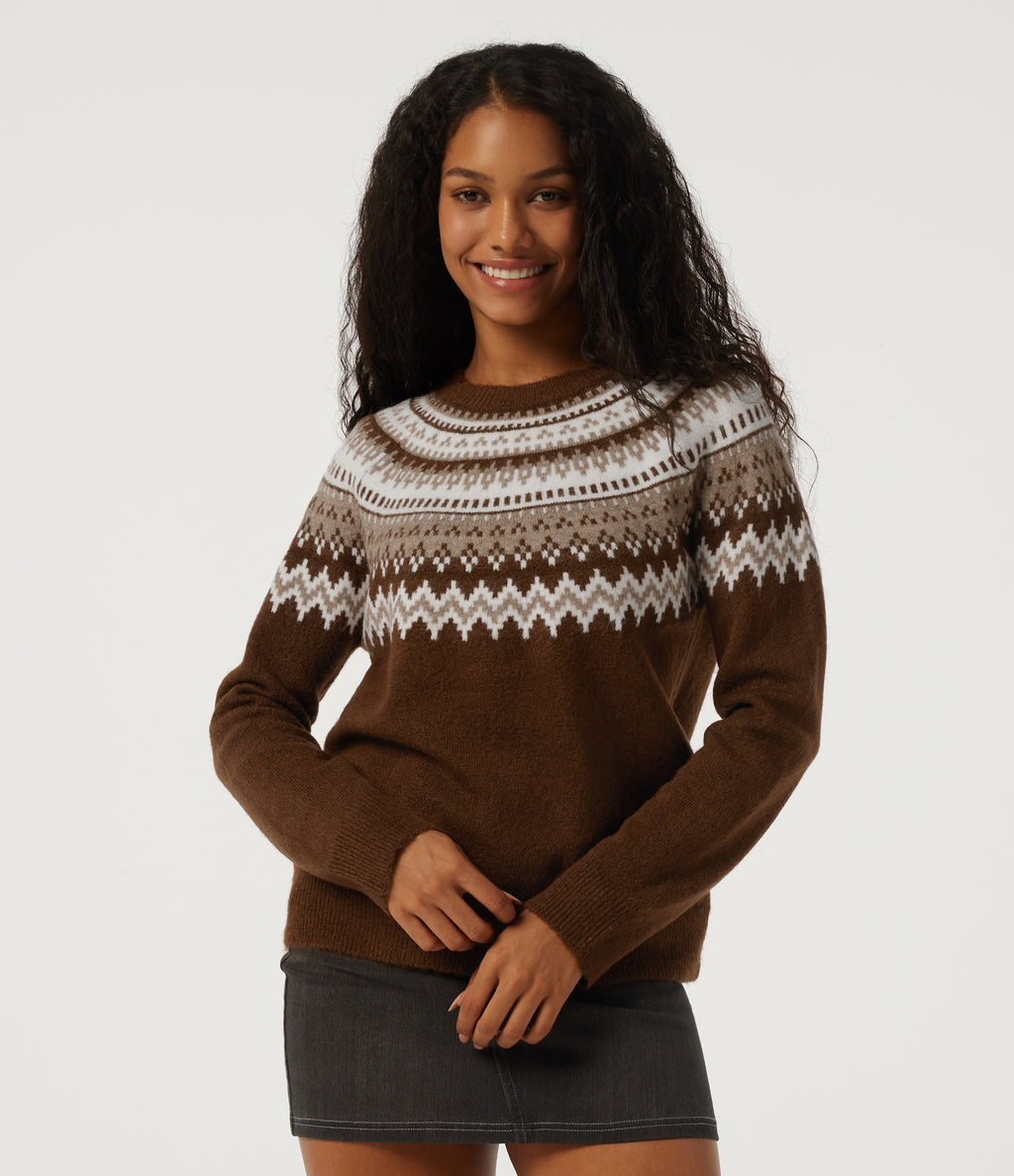 Round Neck Raglan Long Sleeve Patterned Casual Jumper — Autumn Flame — view 1