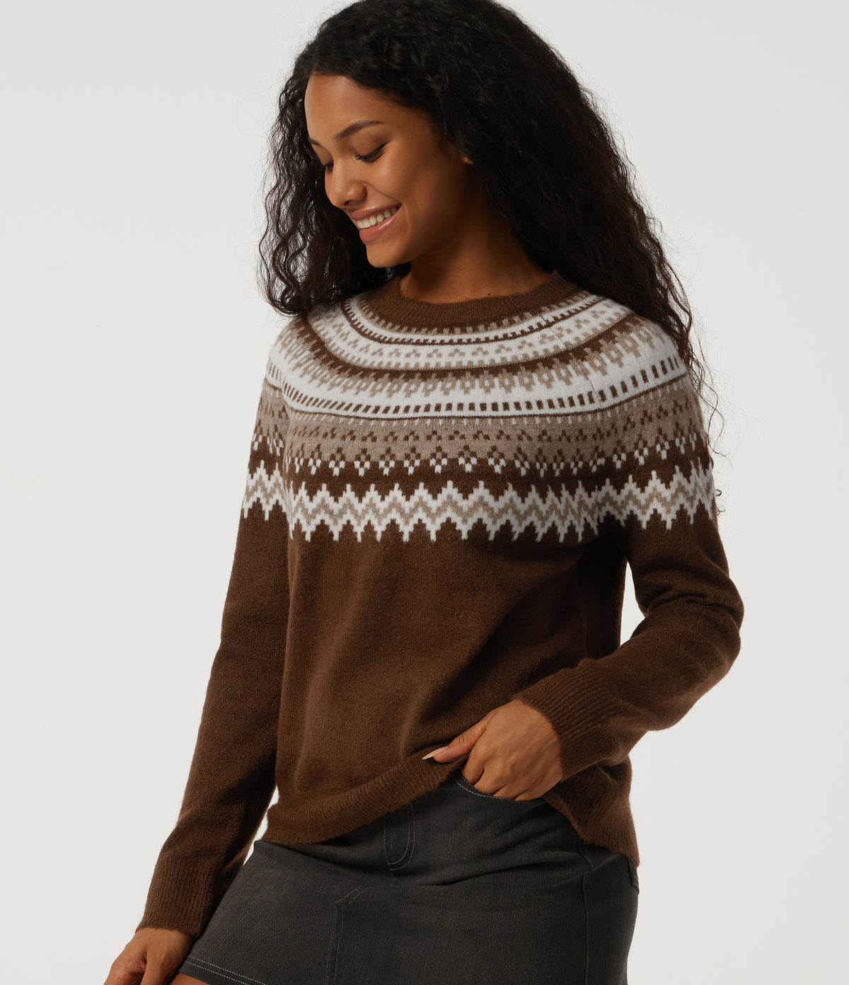 Round Neck Raglan Long Sleeve Patterned Casual Jumper — Autumn Flame — view 4