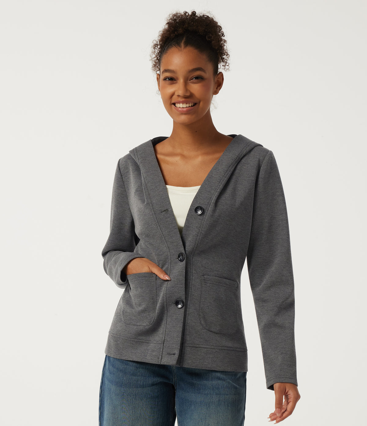 Hooded Long Sleeve Casual Coat with Pockets — Mottled Cloud Grey — view 1