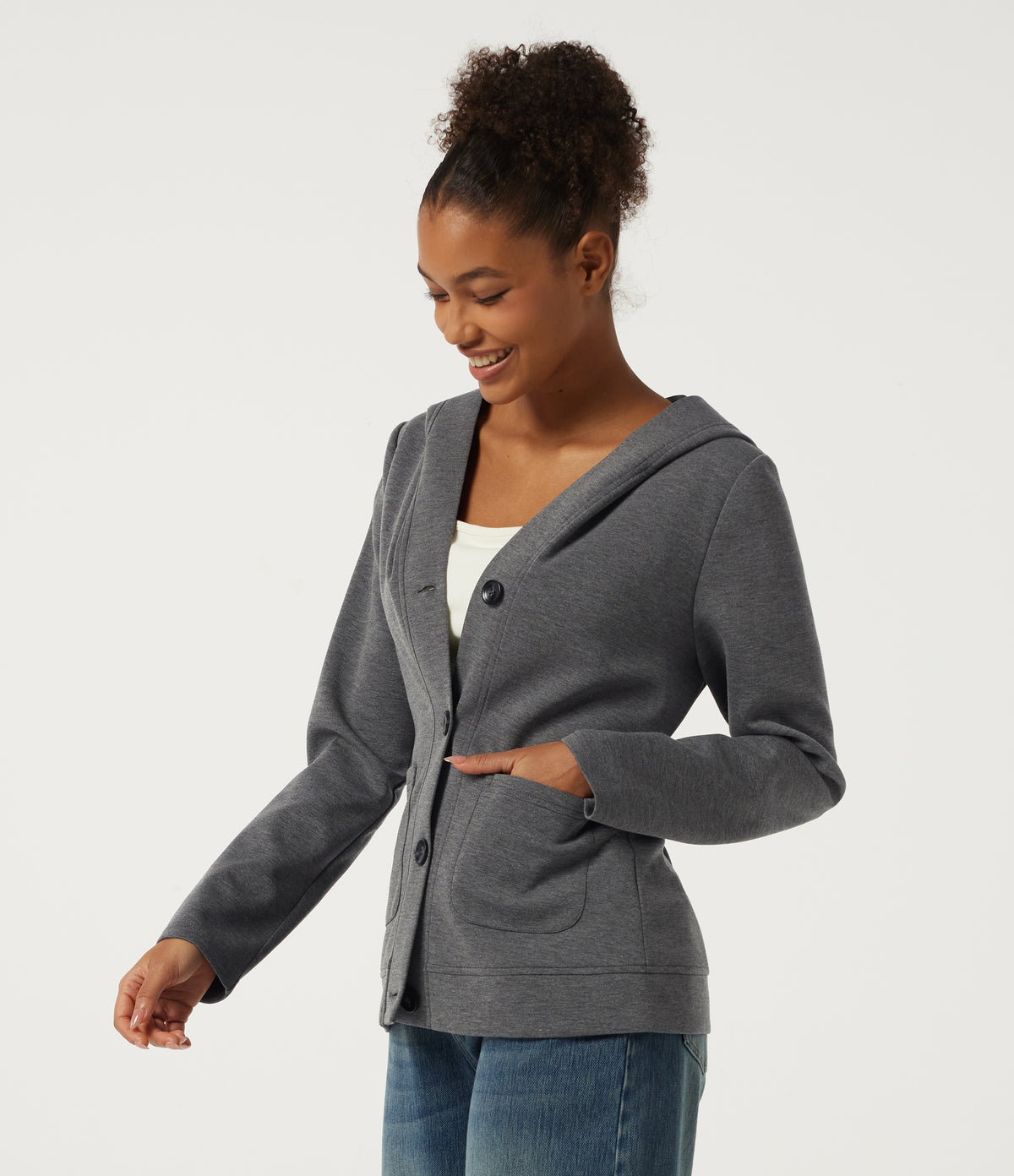 Hooded Long Sleeve Casual Coat with Pockets — Mottled Cloud Grey — view 3