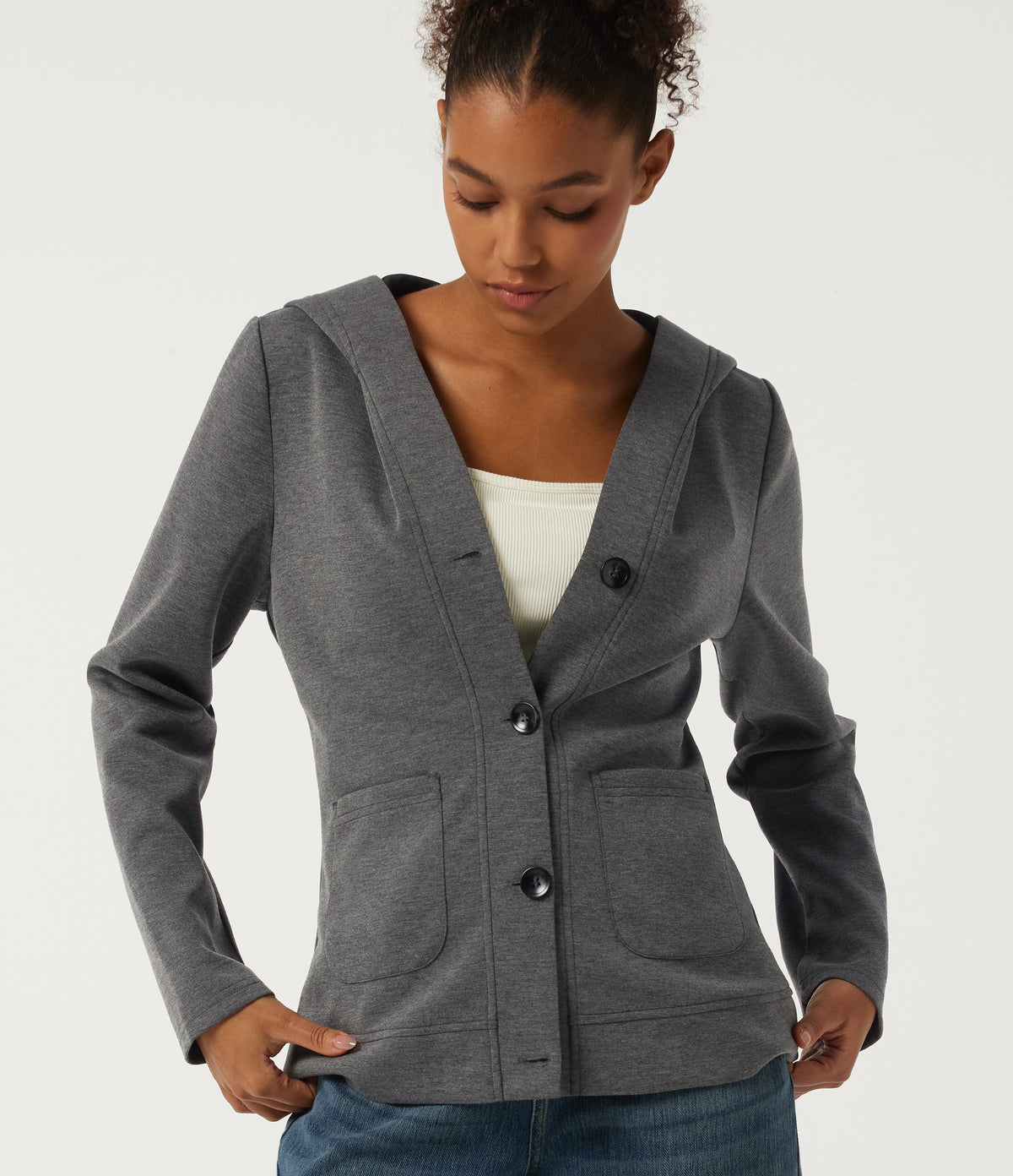 Hooded Long Sleeve Casual Coat with Pockets — Mottled Cloud Grey — view 4