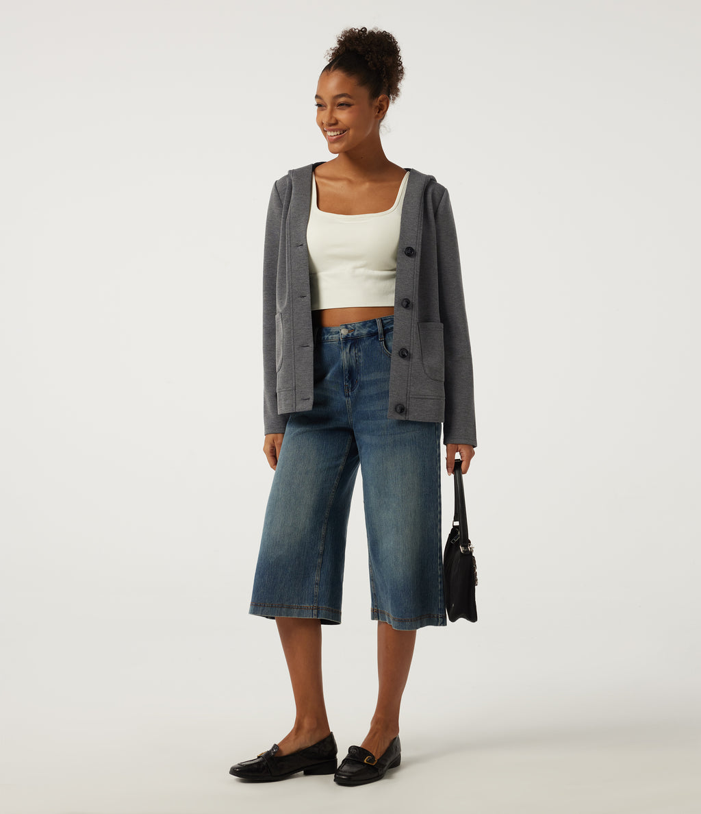 Hooded Long Sleeve Casual Coat with Pockets — Mottled Cloud Grey — view 6