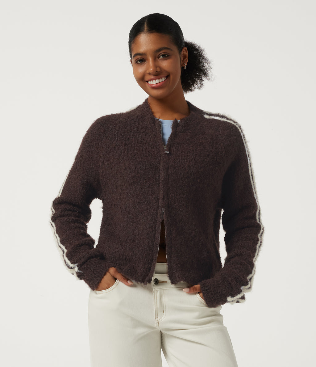 Round Neck Raglan Long Sleeve Asymmetric Casual Cardigan — Chestnut Mocha — view 1