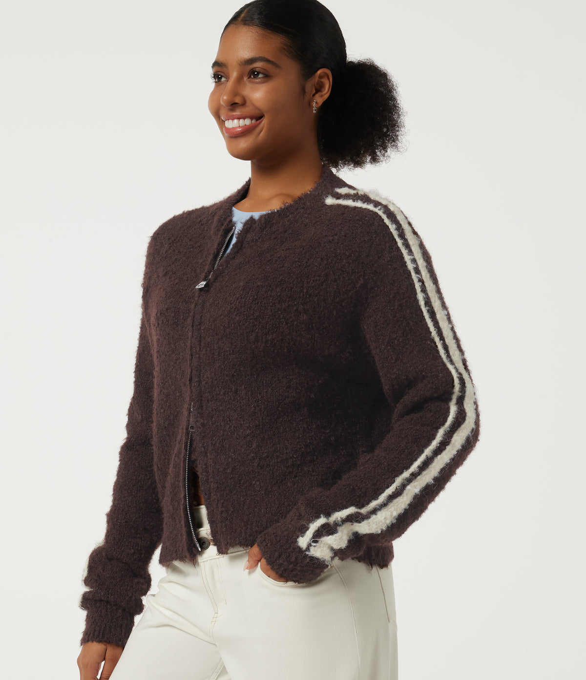Round Neck Raglan Long Sleeve Asymmetric Casual Cardigan — Chestnut Mocha — view 4