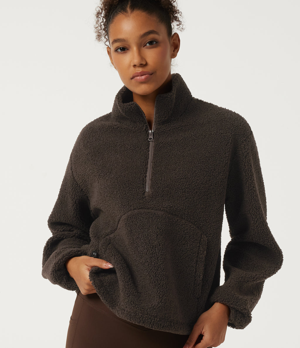 Mock Neck Long Sleeve Gathered Hem Fleece Casual Sweatshirt with Pockets — Forest Loam — view 4