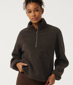 Mock Neck Long Sleeve Gathered Hem Fleece Casual Sweatshirt with Pockets — Forest Loam — view 4