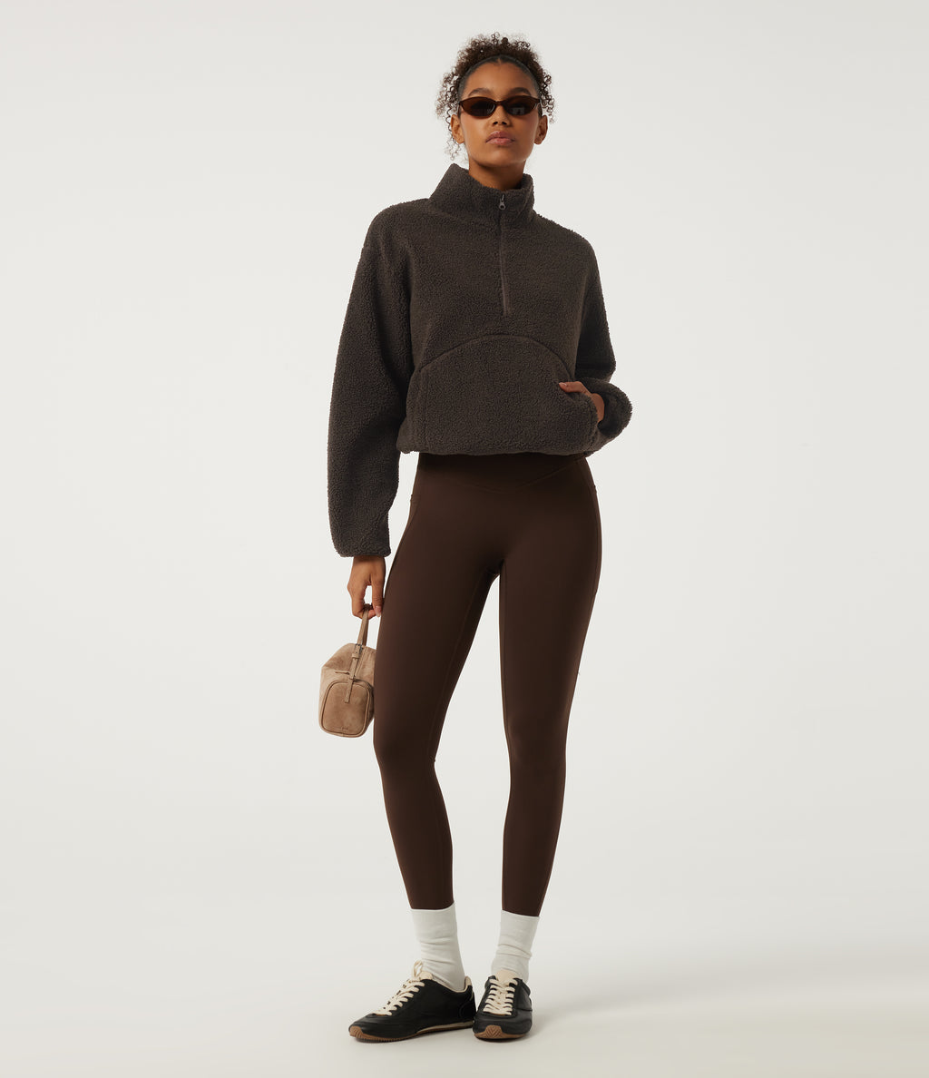Mock Neck Long Sleeve Gathered Hem Fleece Casual Sweatshirt with Pockets — Forest Loam — view 7