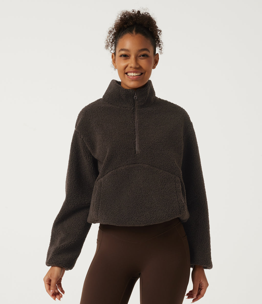 Mock Neck Long Sleeve Gathered Hem Fleece Casual Sweatshirt with Pockets — Forest Loam — view 1