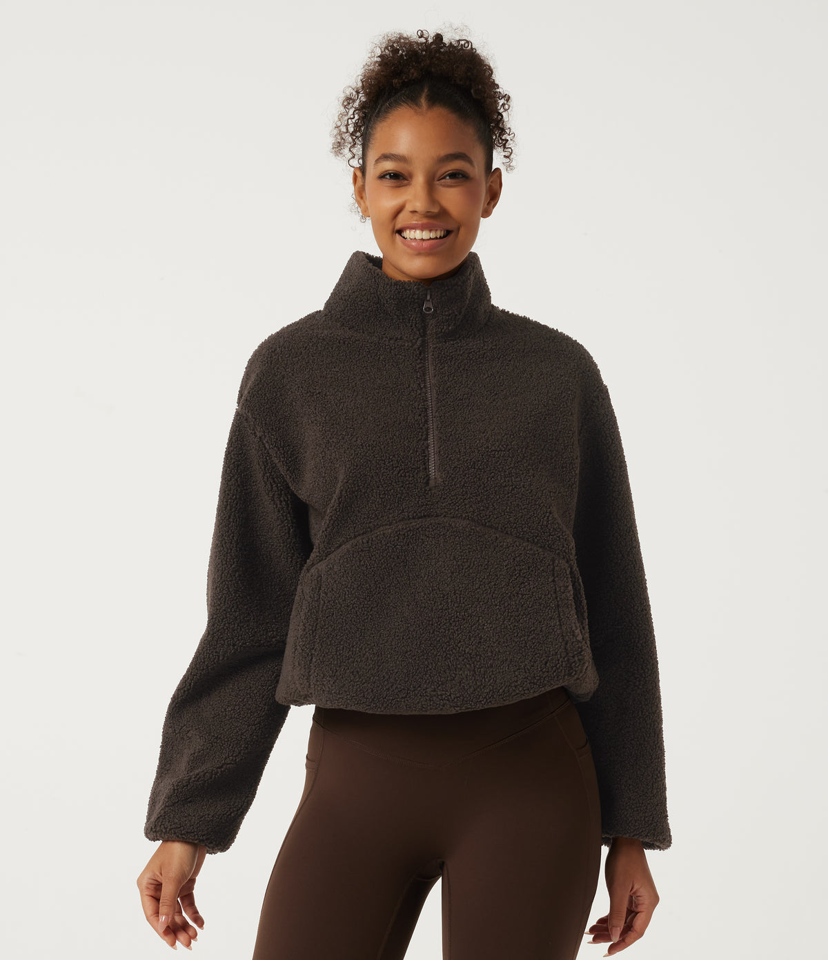 Mock Neck Long Sleeve Gathered Hem Fleece Casual Sweatshirt with Pockets — Forest Loam — view 1