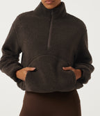 Mock Neck Long Sleeve Gathered Hem Fleece Casual Sweatshirt with Pockets — Forest Loam — view 5