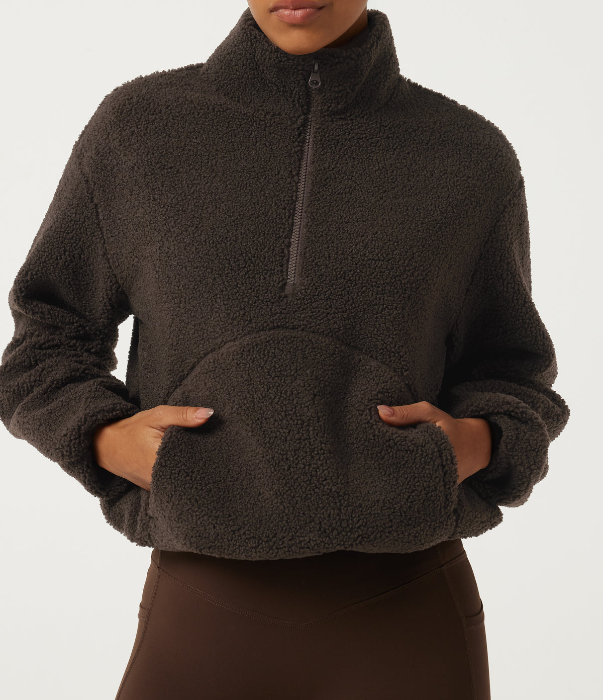 Mock Neck Long Sleeve Gathered Hem Fleece Casual Sweatshirt with Pockets — Forest Loam — view 5