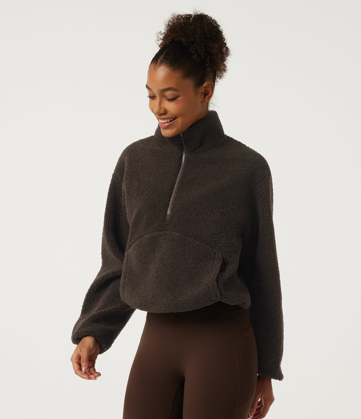 Mock Neck Long Sleeve Gathered Hem Fleece Casual Sweatshirt with Pockets — Forest Loam — view 3