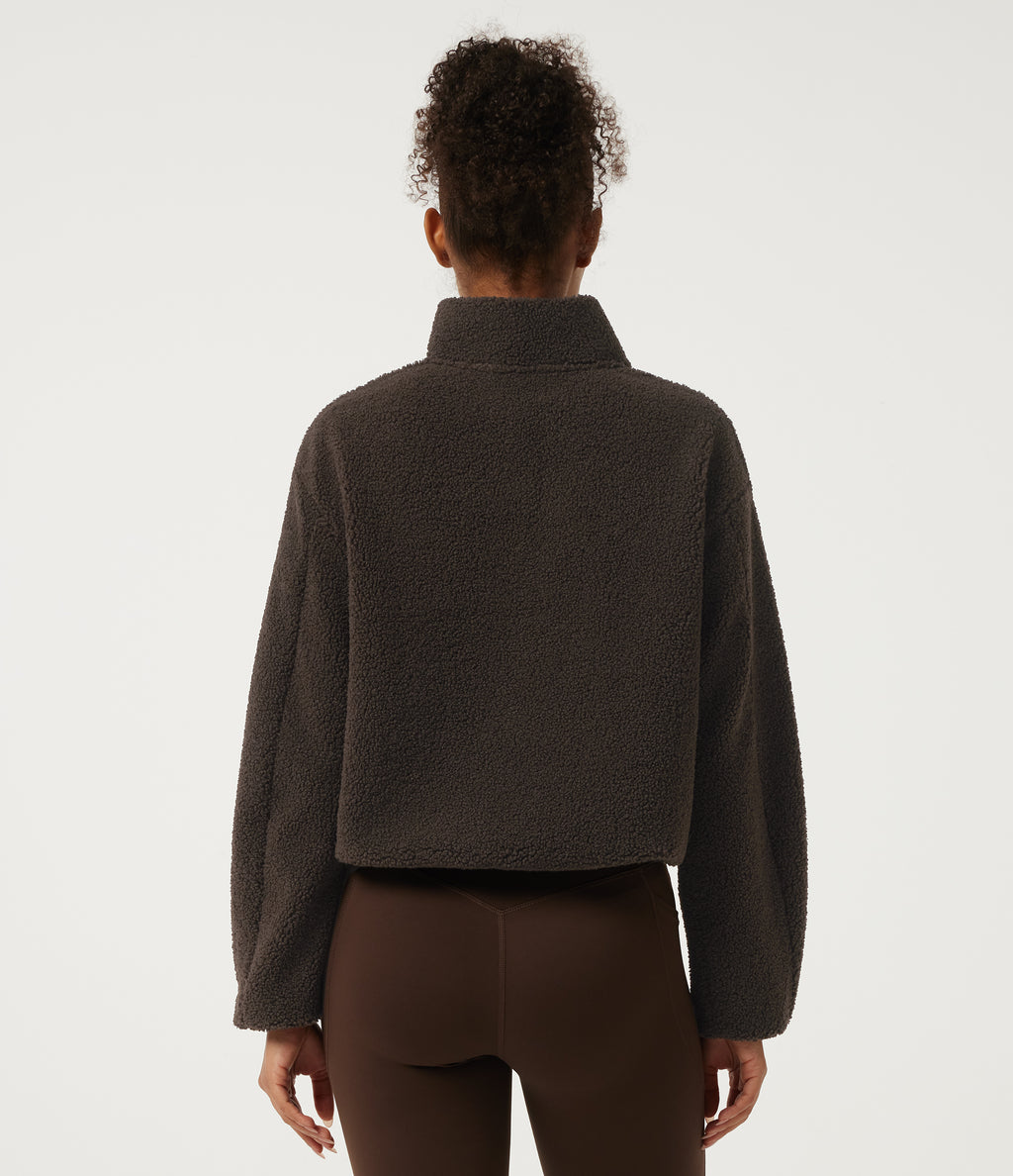 Mock Neck Long Sleeve Gathered Hem Fleece Casual Sweatshirt with Pockets — Forest Loam — view 2