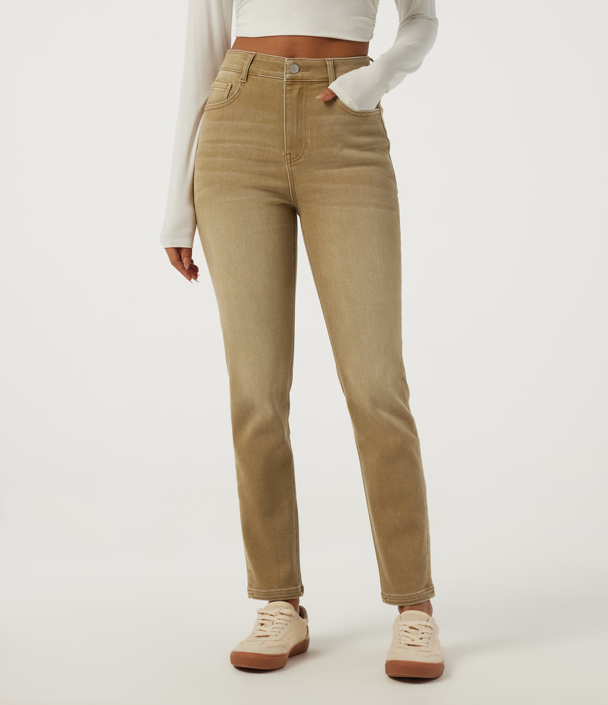 High Waisted Skinny Colorful Casual Jeans with Pockets — Tea Latte Beige — view 1