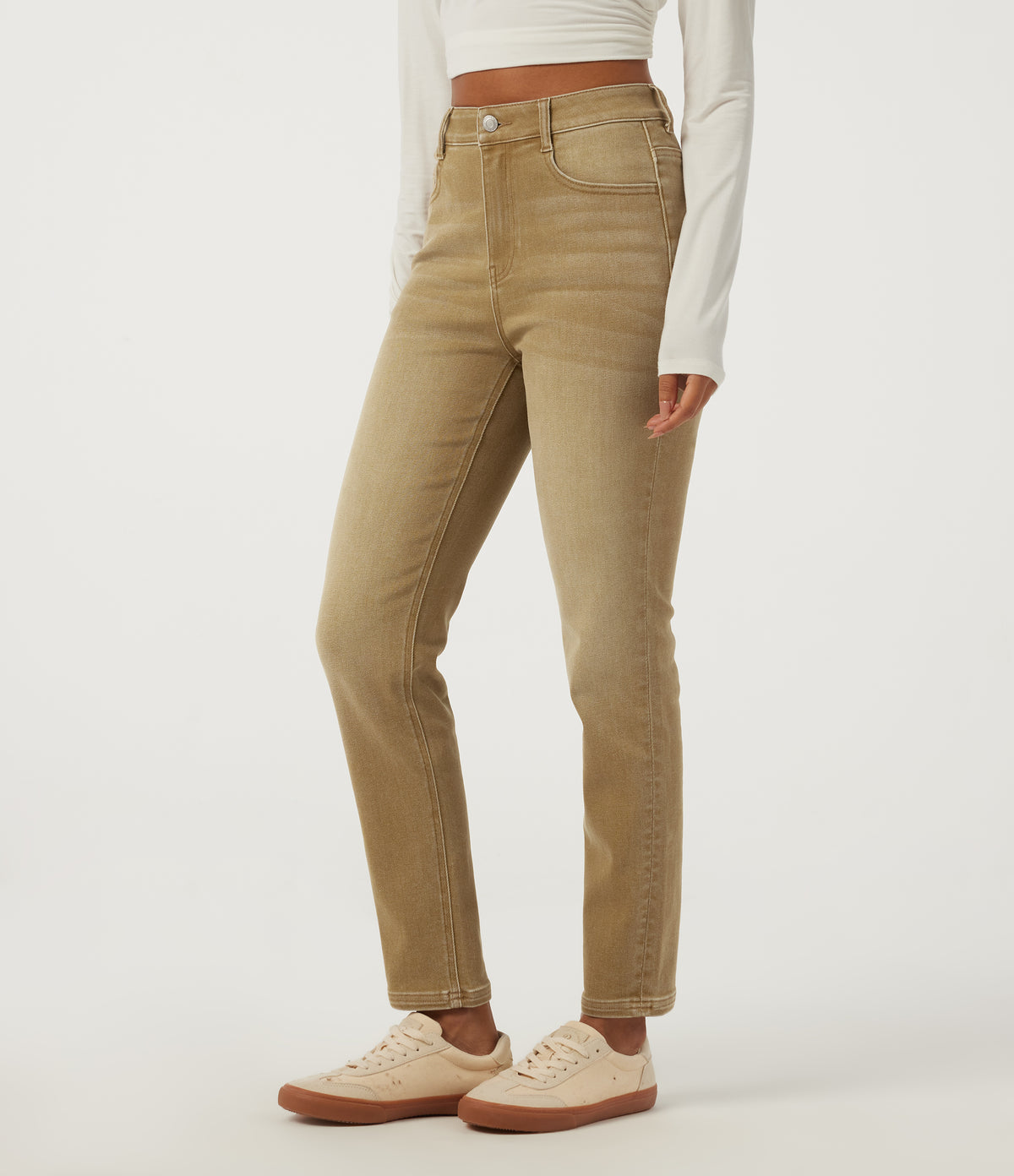 High Waisted Skinny Colorful Casual Jeans with Pockets — Tea Latte Beige — view 3