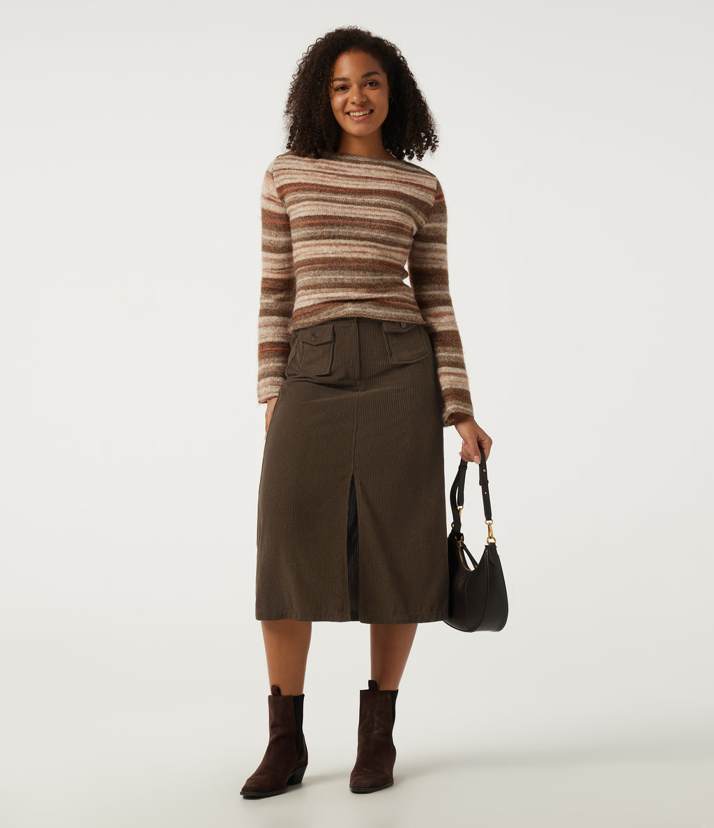 High Waisted A Line Corduroy Midi Casual Skirt with Pockets — Demitasse — view 6