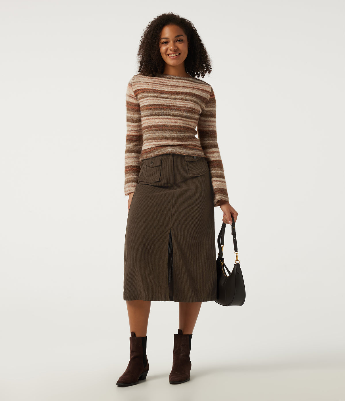High Waisted A Line Corduroy Midi Casual Skirt with Pockets — Demitasse — view 6