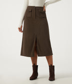 High Waisted A Line Corduroy Midi Casual Skirt with Pockets — Demitasse — view 3