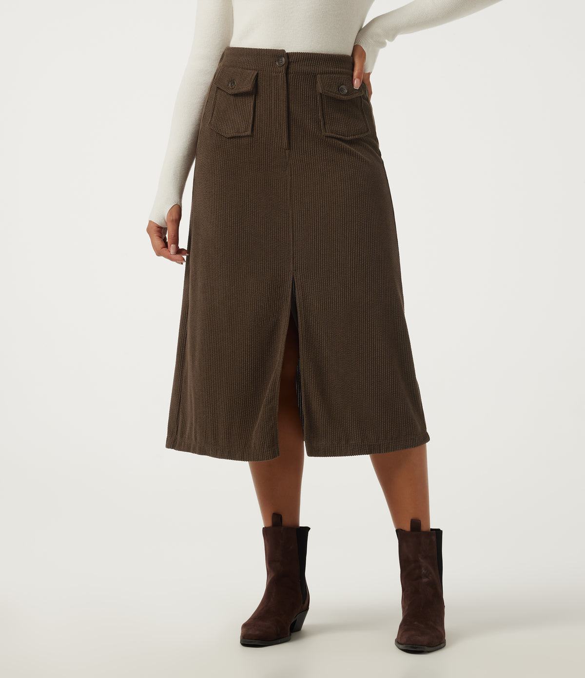 High Waisted A Line Corduroy Midi Casual Skirt with Pockets — Demitasse — view 3