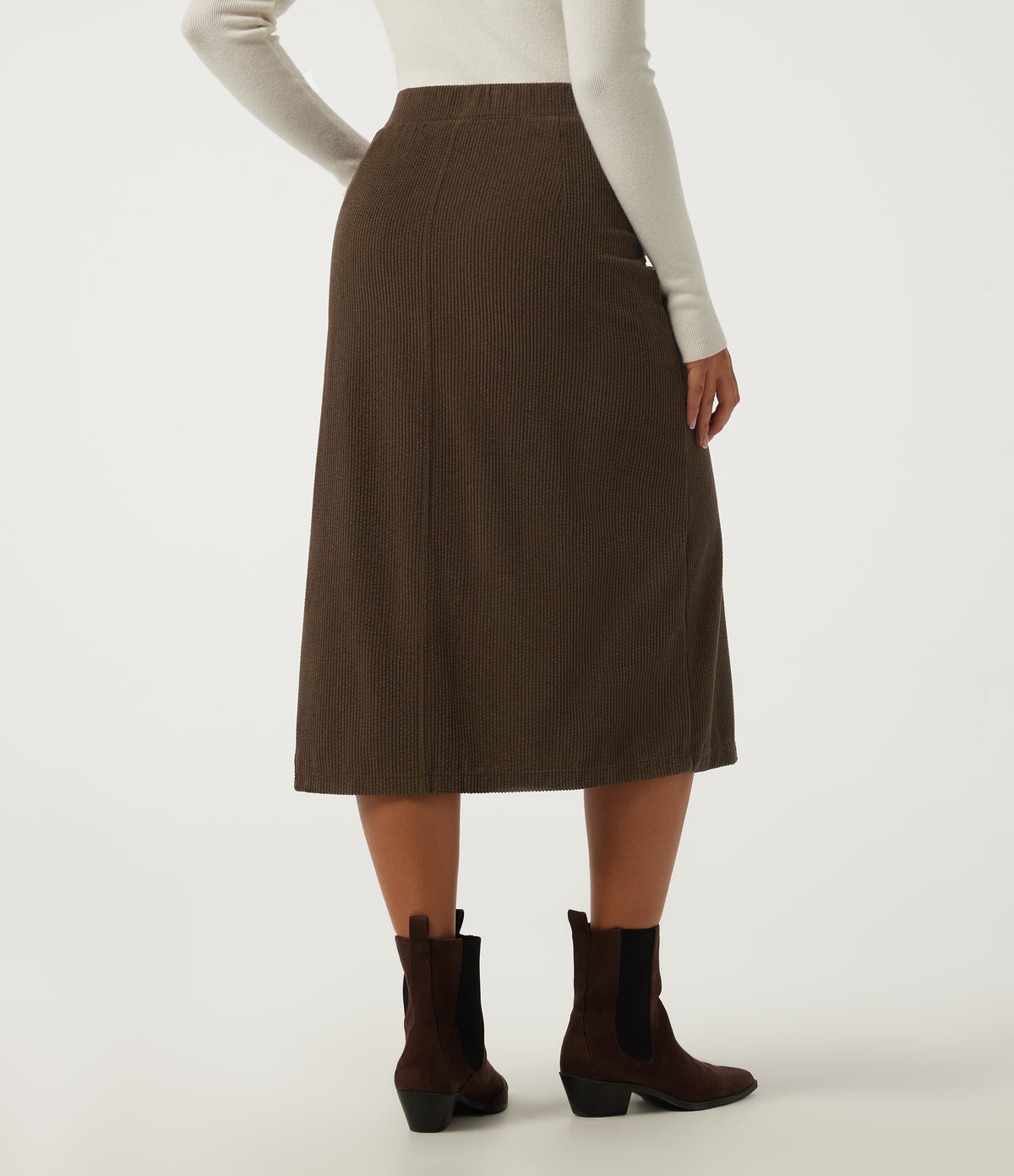 High Waisted A Line Corduroy Midi Casual Skirt with Pockets — Demitasse — view 2