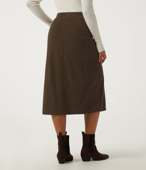 High Waisted A Line Corduroy Midi Casual Skirt with Pockets — Demitasse — view 2