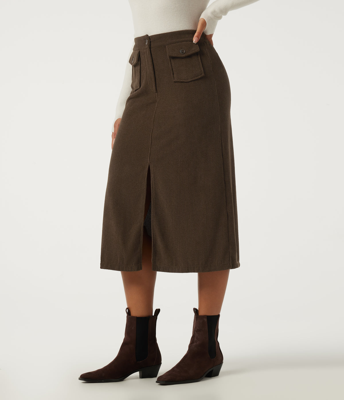 High Waisted A Line Corduroy Midi Casual Skirt with Pockets — Demitasse — view 1