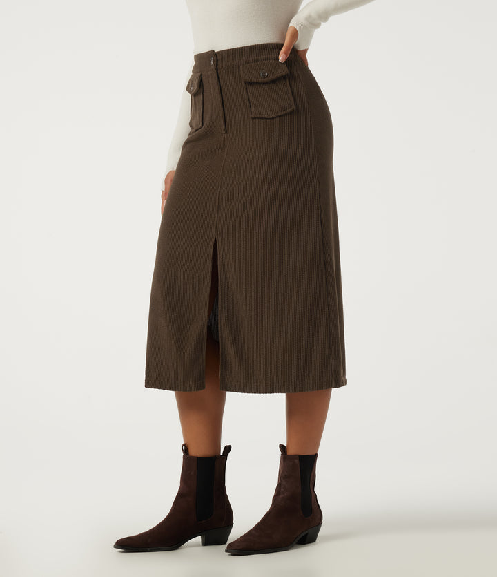 High Waisted A Line Corduroy Midi Casual Skirt with Pockets — Demitasse — view 1