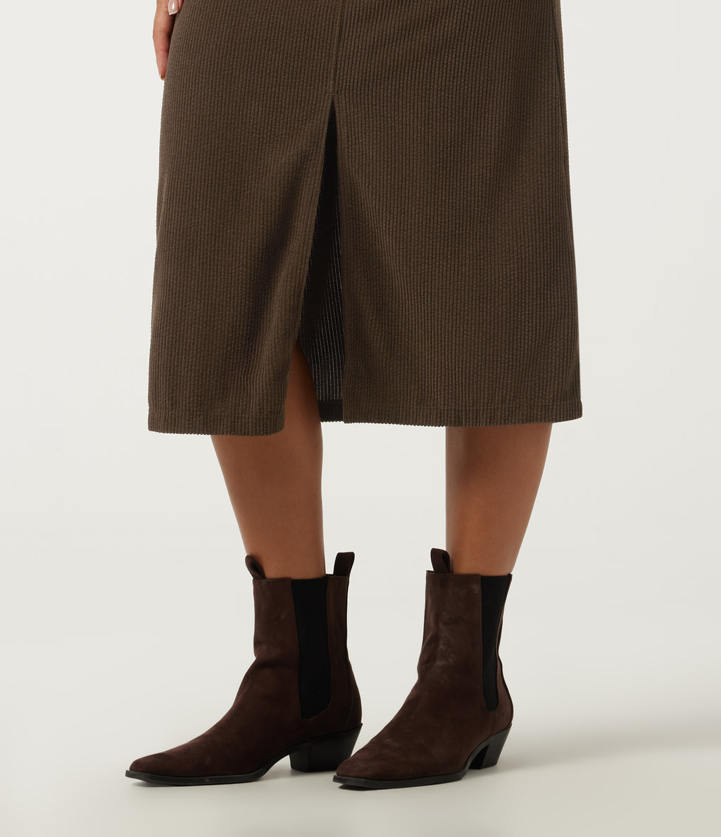 High Waisted A Line Corduroy Midi Casual Skirt with Pockets — Demitasse — view 5