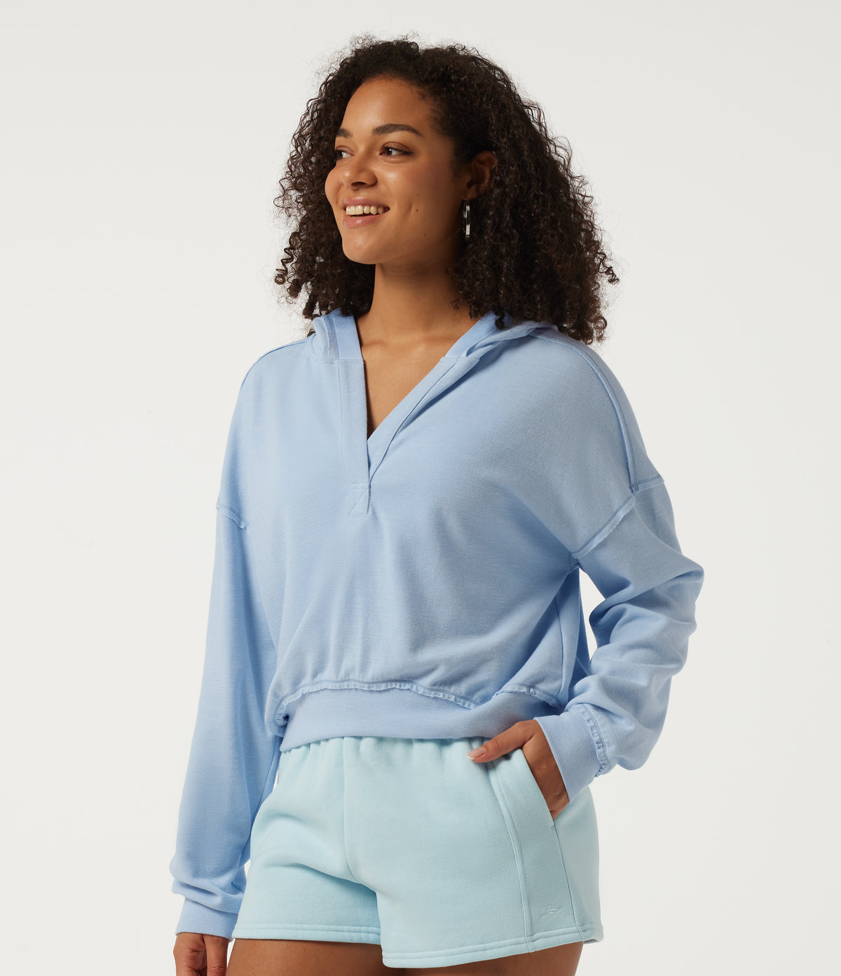 Hooded Batwing Long Sleeve Casual Sweatshirt — Sky Blue Foam — view 3