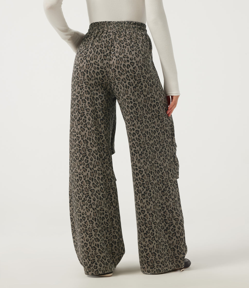 High Waisted Drawstring Wide Leg Leopard Print Waffle Casual Trousers with Pockets — Sable Mist Leopard — view 2