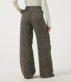 High Waisted Drawstring Wide Leg Leopard Print Waffle Casual Trousers with Pockets — Sable Mist Leopard — view 2