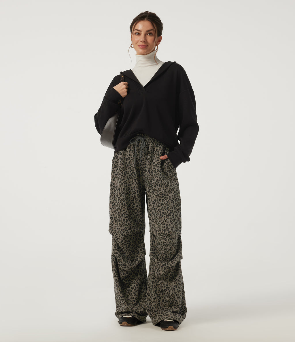 High Waisted Drawstring Wide Leg Leopard Print Waffle Casual Trousers with Pockets — Sable Mist Leopard — view 7