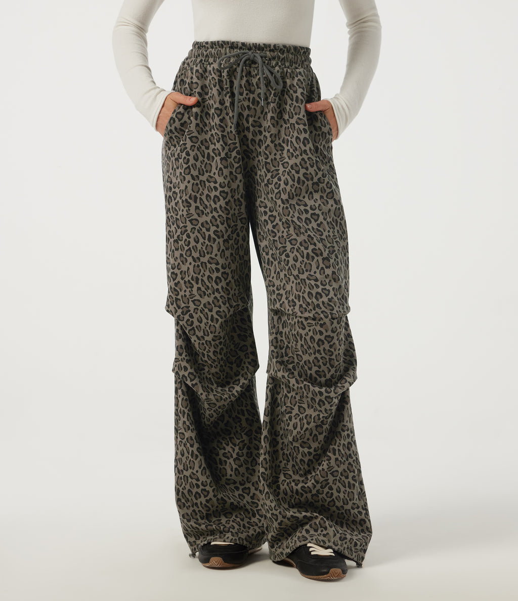 High Waisted Drawstring Wide Leg Leopard Print Waffle Casual Trousers with Pockets — Sable Mist Leopard — view 3