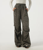 High Waisted Drawstring Wide Leg Leopard Print Waffle Casual Trousers with Pockets — Sable Mist Leopard — view 3