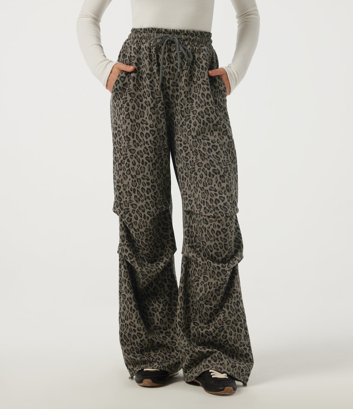 High Waisted Drawstring Wide Leg Leopard Print Waffle Casual Trousers with Pockets — Sable Mist Leopard — view 3