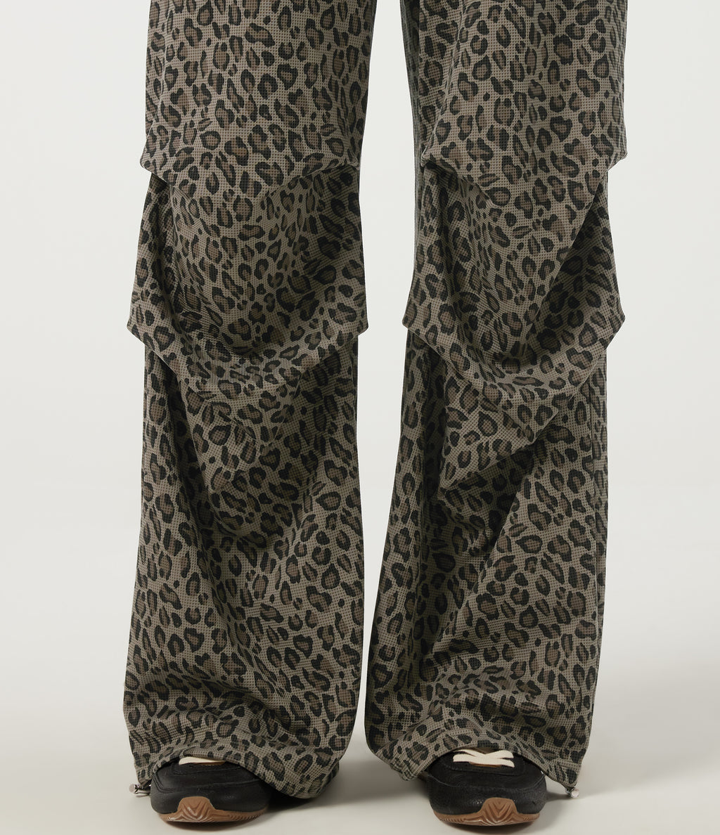 High Waisted Drawstring Wide Leg Leopard Print Waffle Casual Trousers with Pockets — Sable Mist Leopard — view 5