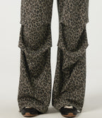 High Waisted Drawstring Wide Leg Leopard Print Waffle Casual Trousers with Pockets — Sable Mist Leopard — view 5