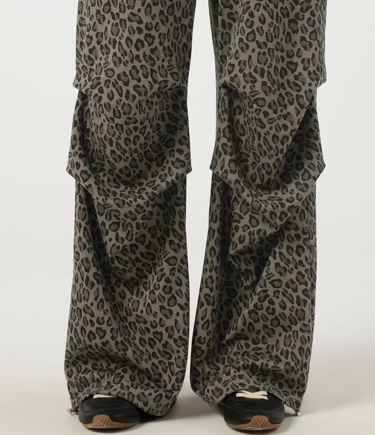 High Waisted Drawstring Wide Leg Leopard Print Waffle Casual Trousers with Pockets — Sable Mist Leopard — view 5