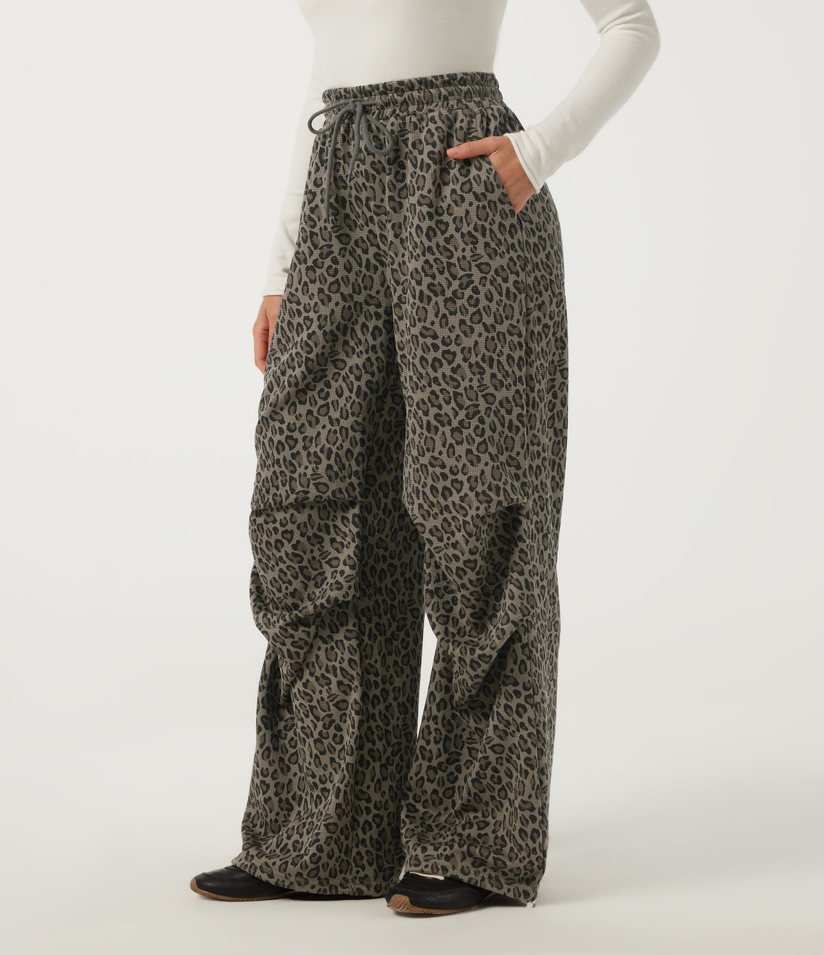 High Waisted Drawstring Wide Leg Leopard Print Waffle Casual Trousers with Pockets — Sable Mist Leopard — view 1