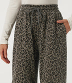 High Waisted Drawstring Wide Leg Leopard Print Waffle Casual Trousers with Pockets — Sable Mist Leopard — view 4