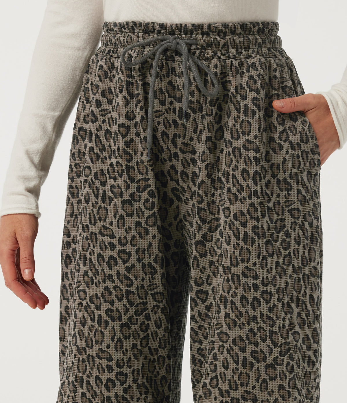 High Waisted Drawstring Wide Leg Leopard Print Waffle Casual Trousers with Pockets — Sable Mist Leopard — view 4