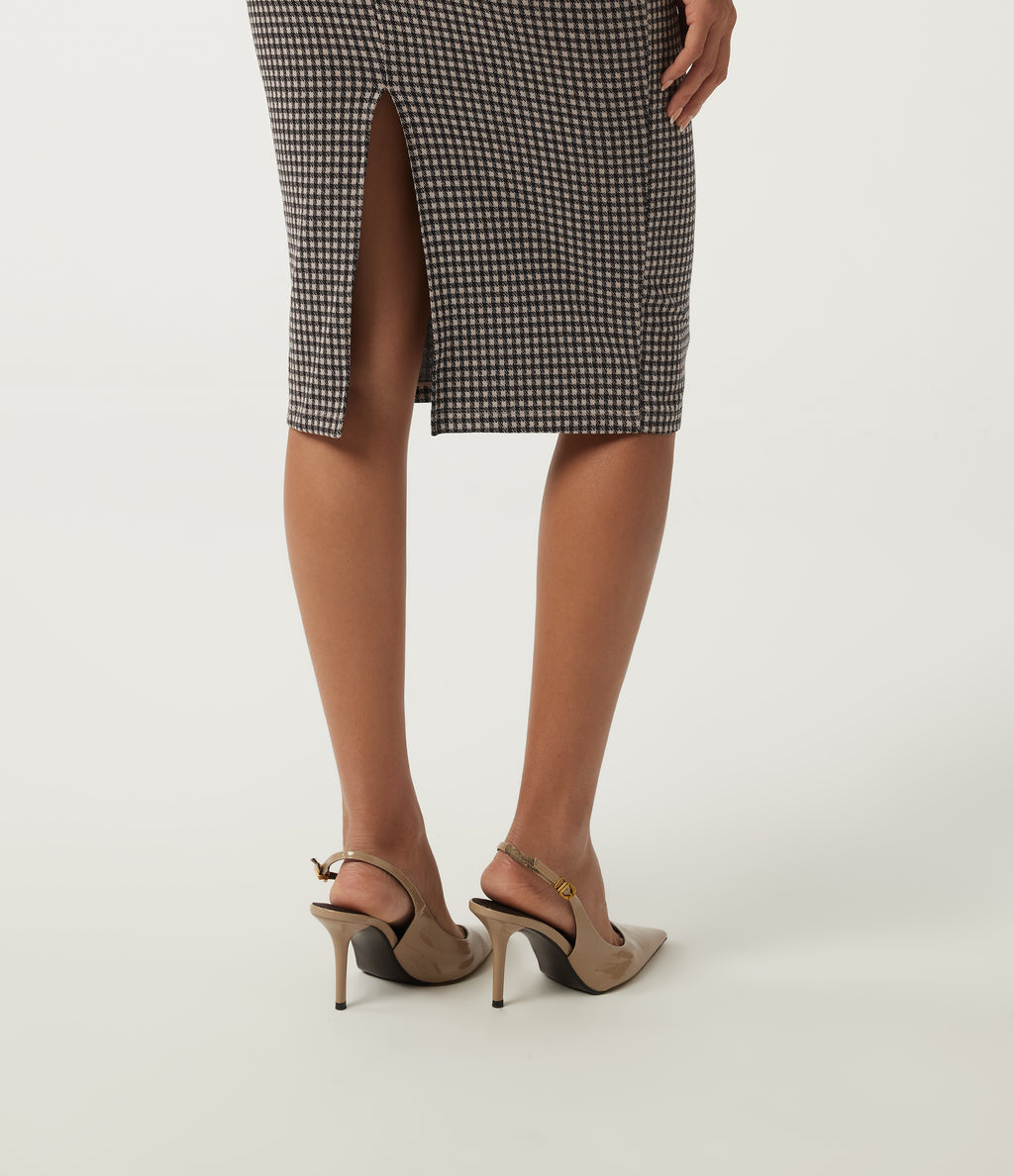 Mock Neck Long Sleeve Patterned Bodycon Work Midi Dress — Latte Night Grid — view 6