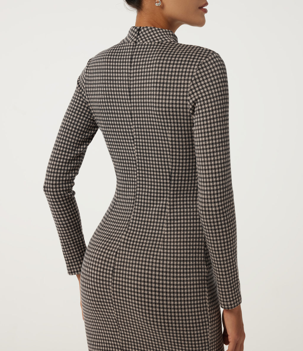 Mock Neck Long Sleeve Patterned Bodycon Work Midi Dress — Latte Night Grid — view 5