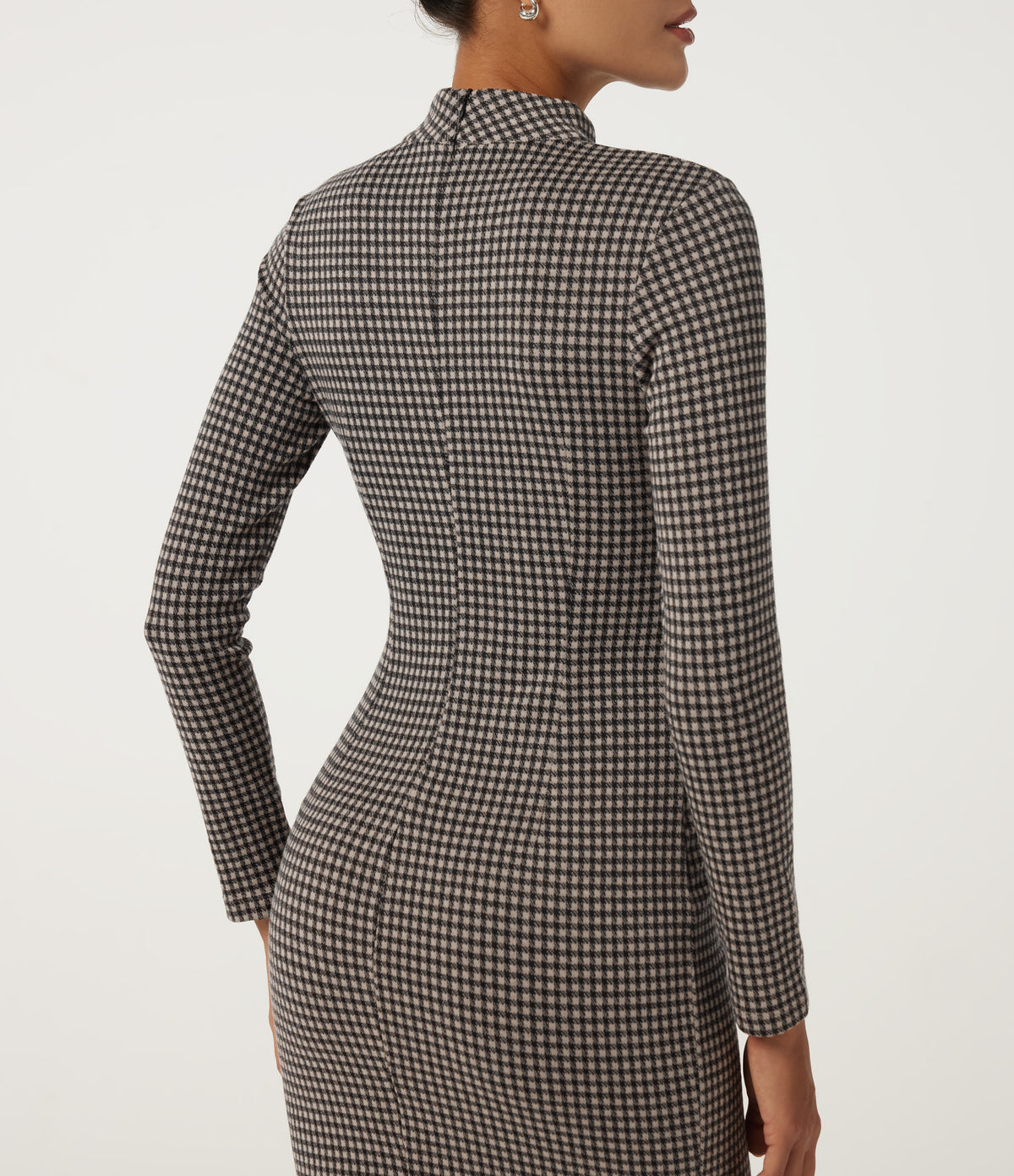 Mock Neck Long Sleeve Patterned Bodycon Work Midi Dress — Latte Night Grid — view 5