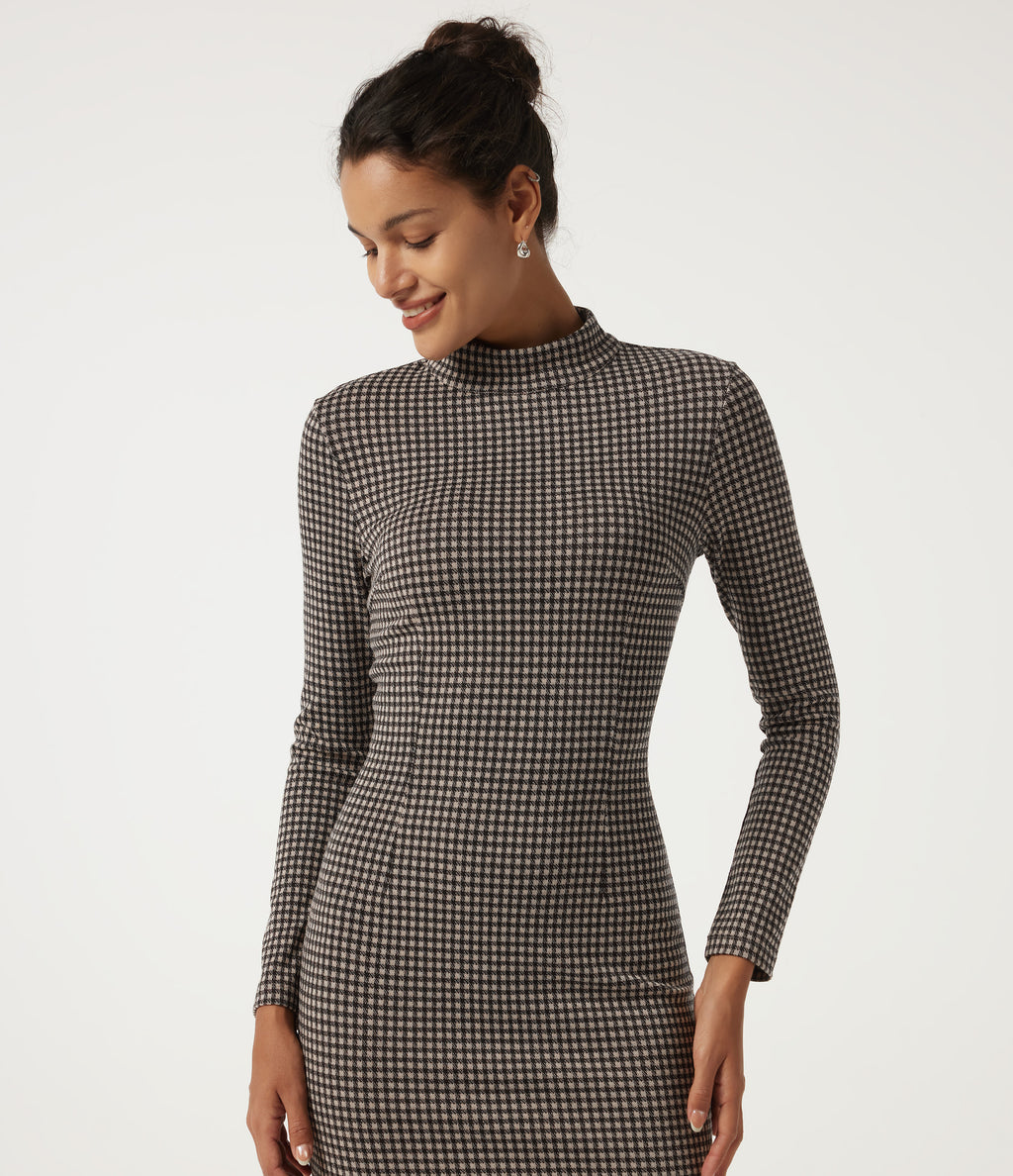 Mock Neck Long Sleeve Patterned Bodycon Work Midi Dress — Latte Night Grid — view 4