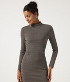 Mock Neck Long Sleeve Patterned Bodycon Work Midi Dress — Latte Night Grid — view 4